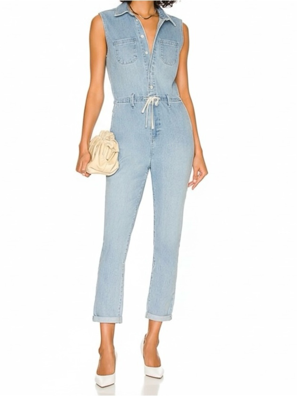 PAIGE Christy Denim Jumpsuit Sleeveless Light Wash Cropped‎ Size 6 Utility